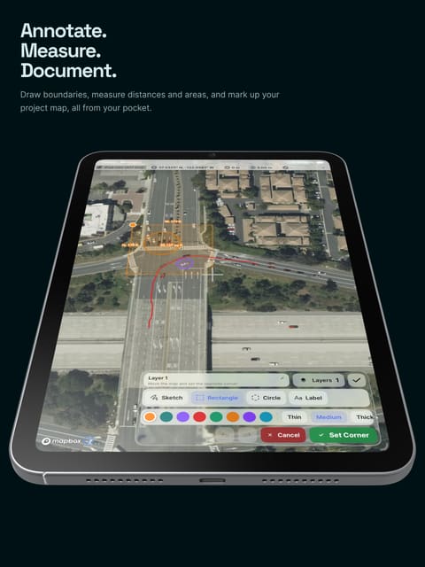 App Store screen I designed. Headline: Annotate. Measure. Document. An iPad shows drawing and measuring tools over an aerial map.