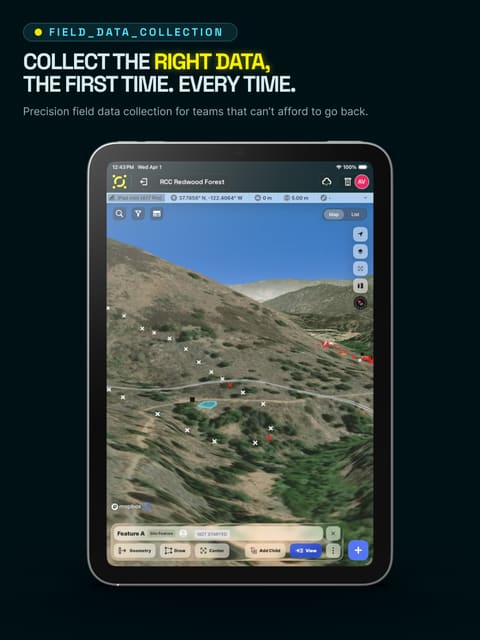 App Store screen. Headline: Collect the right data, the first time, every time. An iPad shows a 3D terrain map with survey records.