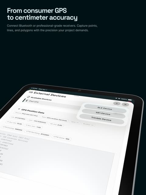 App Store screen I designed. Headline: From consumer GPS to centimeter accuracy. An iPad shows the external devices screen with a connected receiver.