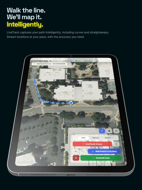 App Store screen I designed. Headline: Walk the line. We’ll map it. Intelligently. An iPad shows a path being recorded around a building.