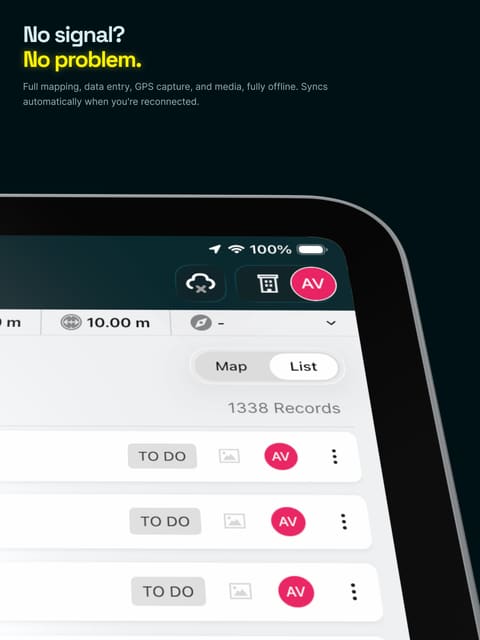 App Store screen I designed. Headline: No signal? No problem. An iPad shows 1,338 records with the cloud icon in its offline state.