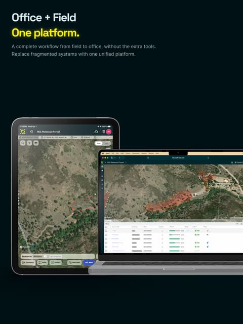 App Store screen. Headline: Office and field, one platform. An iPad and a laptop show the same project map.