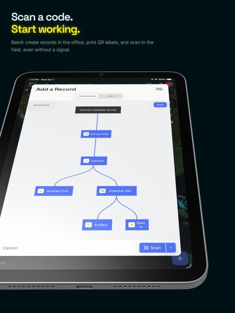 App Store screen. Headline: Scan a code. Start working. An iPad shows a tree of records ready to scan.