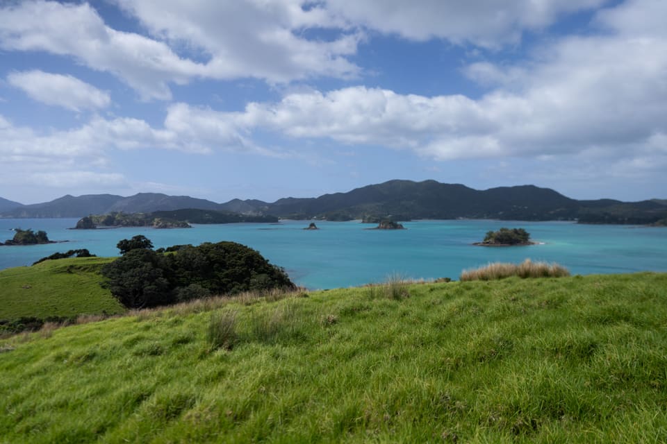 Bright green grass in the foreground, turquoise water beyond it, and low dark islands on the horizon under scattered cloud.