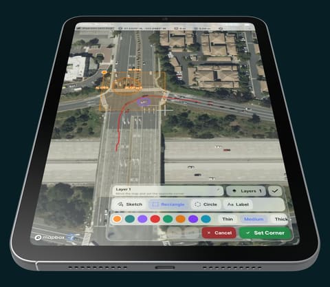 Codifi on an iPad: drawing and measuring tools over an aerial map of an intersection, with shapes, colours and line weights to choose from.