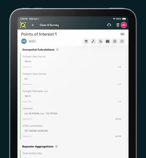 Codifi on an iPad: a record called Points of Interest 1, with its polygon area, perimeter, centroid and UTM coordinates filled in by formulas.