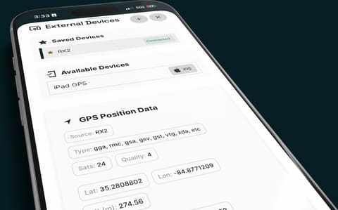 A phone showing a connected external GPS receiver and its live position data.