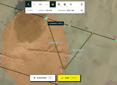 A line being drawn on the map, snapping to a named shovel test point.