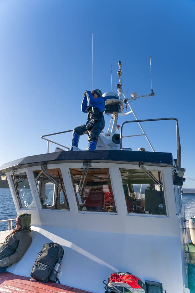 A lookout in a blue survival suit stands on the roof of a small boat’s wheelhouse, scanning the sea through binoculars under a clear sky.