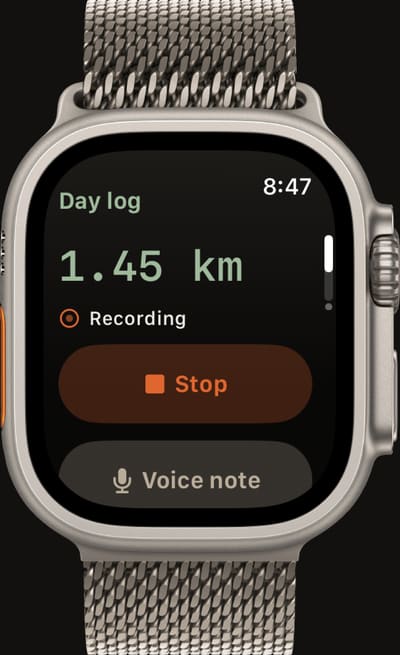 Tephra’s day log on an Apple Watch Ultra: 1.45 km so far, Recording, an ember Stop button and a Voice note button below it.