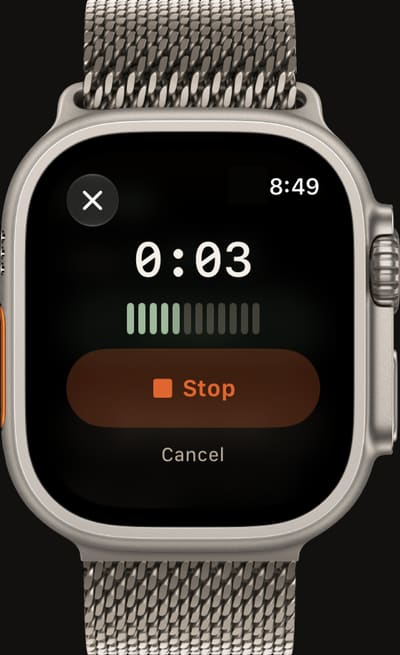 Tephra on an Apple Watch Ultra recording a voice note: a timer at 0:03, a level meter, an ember Stop button and Cancel.