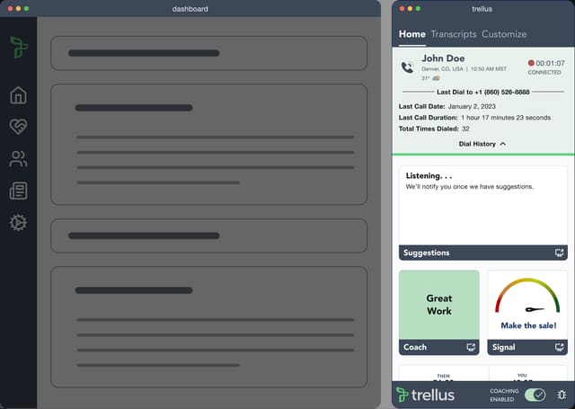 Trellus design: a narrow panel beside a CRM shows a live call with John Doe, a suggestions box, a Great Work coaching card and a talk-time gauge.